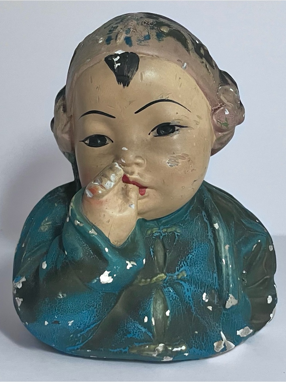 FLORENCE ART 1930s Chalkware Bust / ASIAN CHILD Sucking Thumb / Some PAINT LOSS